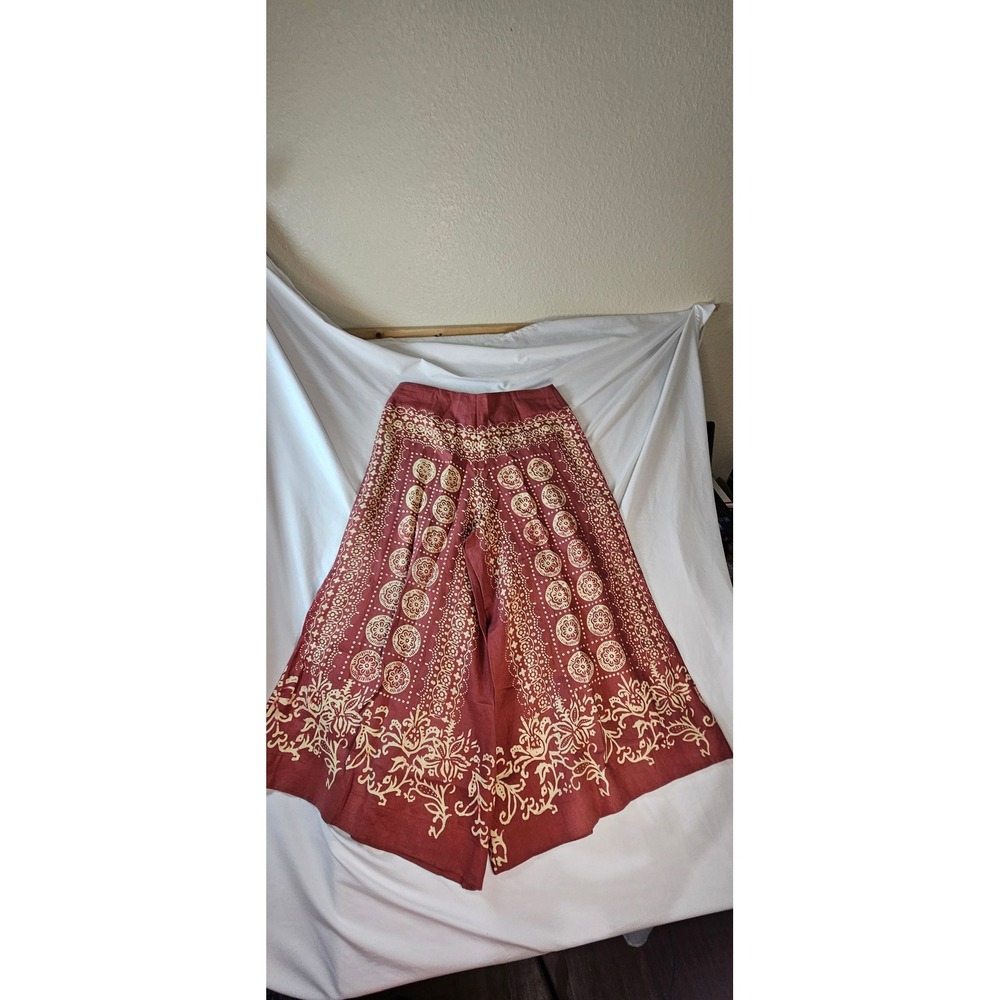 Free People 100% Linen Wide Leg Batik Print Culottes Red Cream Size 30 - Picture 2 of 7